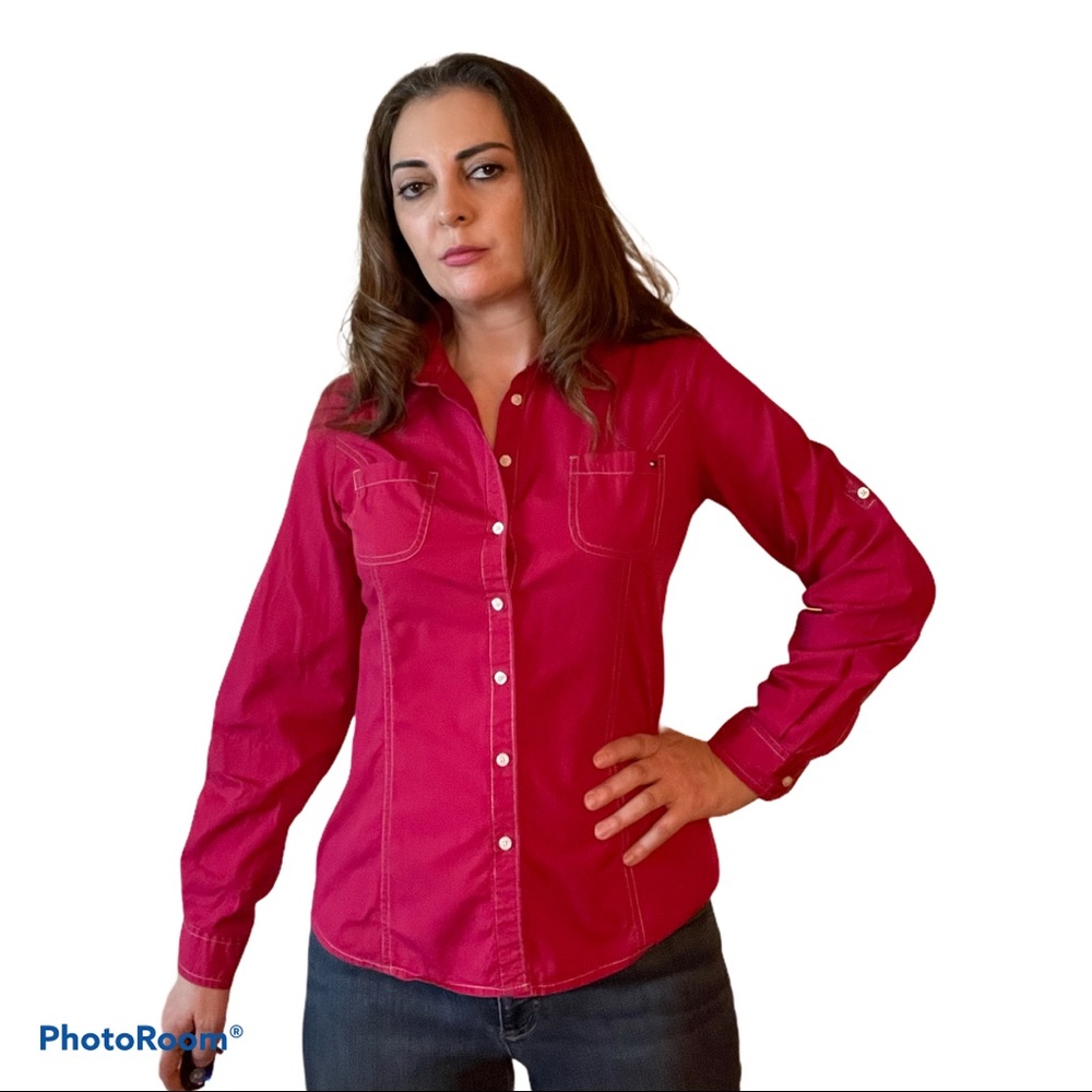 Tommy Hilfiger Cherry Red Roll-Tab Button-Up Shirt - image 1